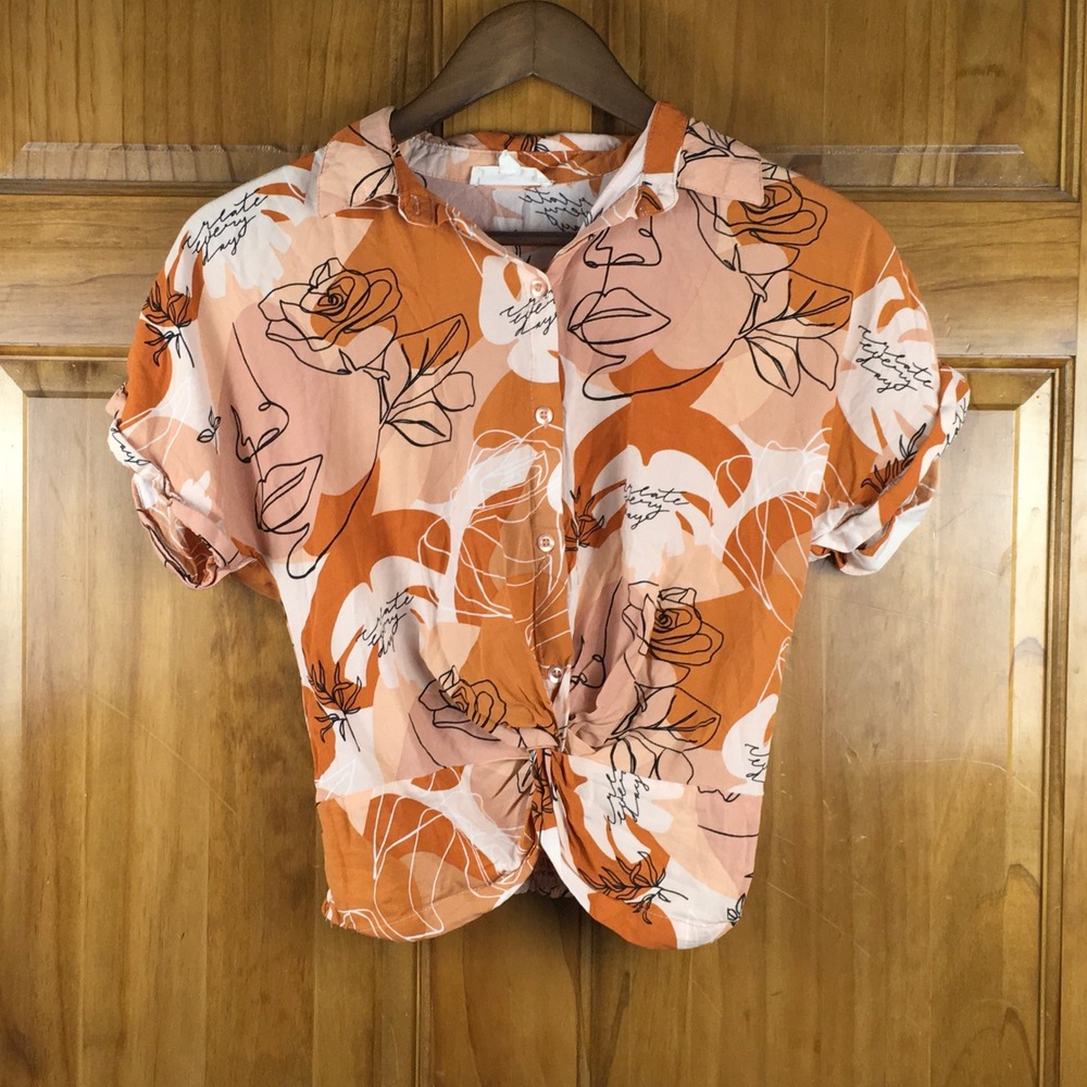 Sunburst Kiss Womens S Orange Floral Twist Front Crop Top Shirt Indie Boho Retro